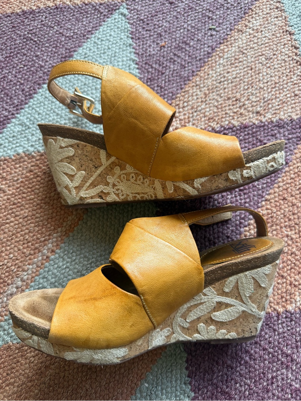 Sofft Mustard Leather Embroidered Cork Wedge Sandals